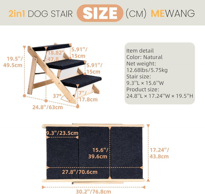 MEWANG Wood Pet Stairs & Ramp for Small/Medium Dogs and Cats, Aging Pets – 2-in-1 Foldable, Portable, Non-Slip Pet Ladder for Tall Beds, Couches,Cars–Holds Up to 220 lbs (17.3" L x 17.2" W x 13.0" H)
