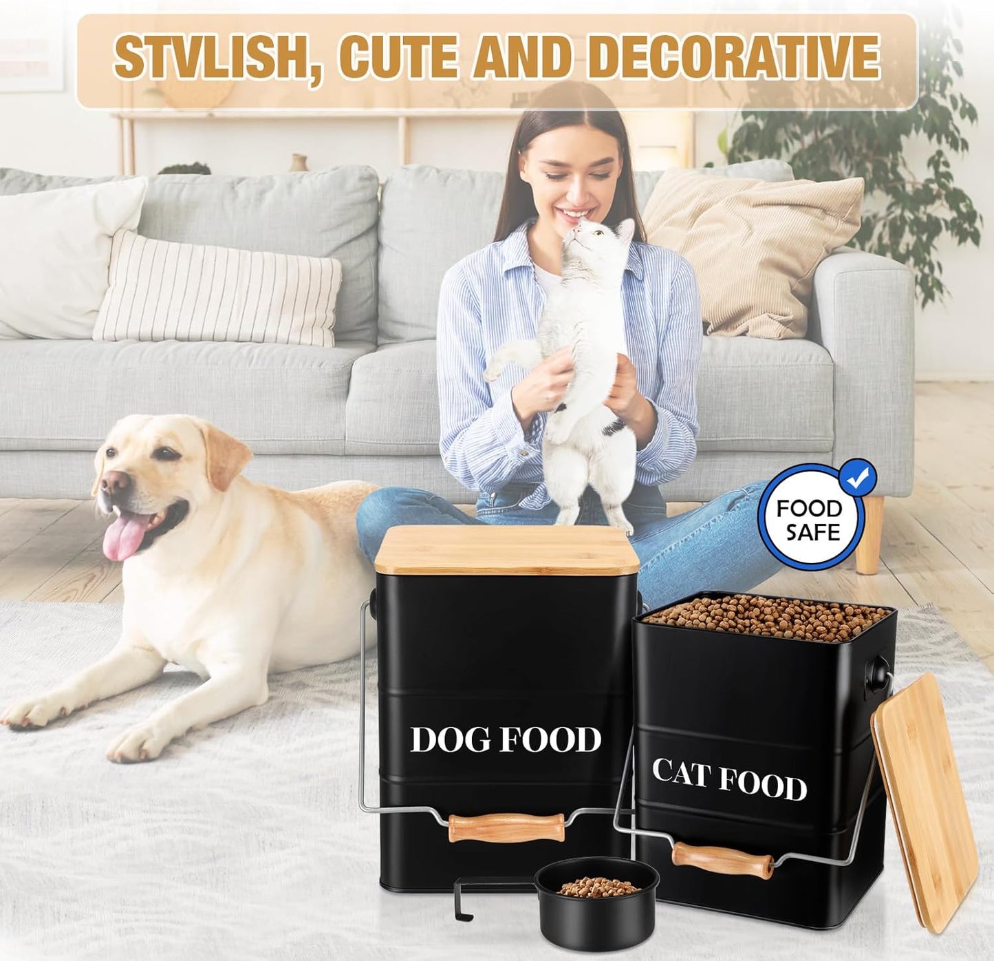 Tioncy 2 Pcs Metal Dog and Cat Food Storage Containers Big Pet Food Containers with Bamboo Lids and Spoon Airtight 5-7 Lbs Dog Cat Treat Snack Jars with DIY Labels for Kitchen Counter(White)