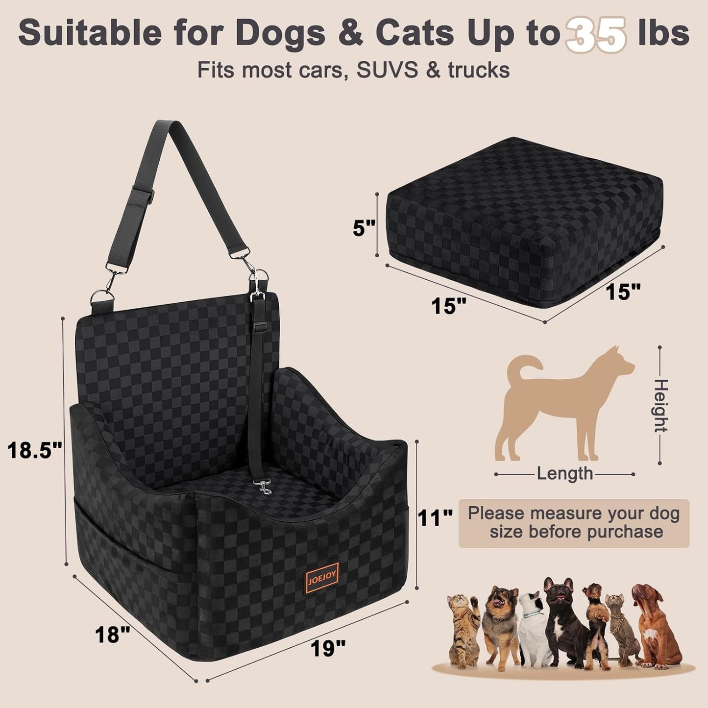 JOEJOY Elevated Dog Car Seat for Small/Medium Dogs up to 35 lbs, Memory Foam Booster Seat with Detachable Washable Cover, Travel-Safe Car Bed with Safety Belts & Storage Pockets, Grey