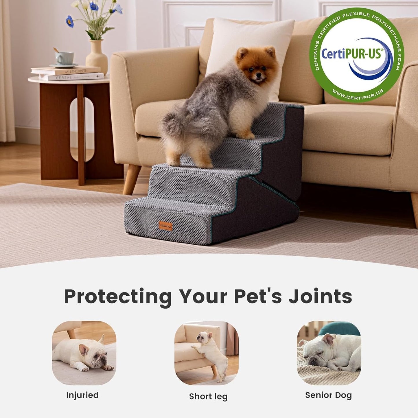 Gardner Pet Dog Stairs for Small Dogs 18.5" H, 4-Step Extra Wide Dog Steps for Bed, Pet Stairs for Bed and Couch with Durable Non-Slip Waterproof Fabric Cover and Soft Foam, Navy