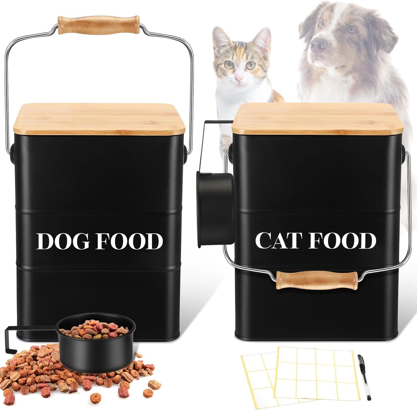 Tioncy 2 Pcs Metal Dog and Cat Food Storage Containers Big Pet Food Containers with Bamboo Lids and Spoon Airtight 5-7 Lbs Dog Cat Treat Snack Jars with DIY Labels for Kitchen Counter(White)