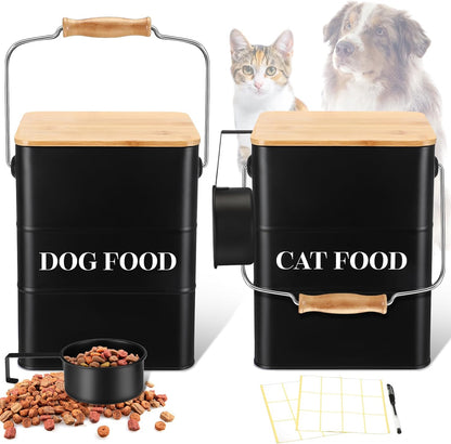 Tioncy 2 Pcs Metal Dog and Cat Food Storage Containers Big Pet Food Containers with Bamboo Lids and Spoon Airtight 5-7 Lbs Dog Cat Treat Snack Jars with DIY Labels for Kitchen Counter(White)