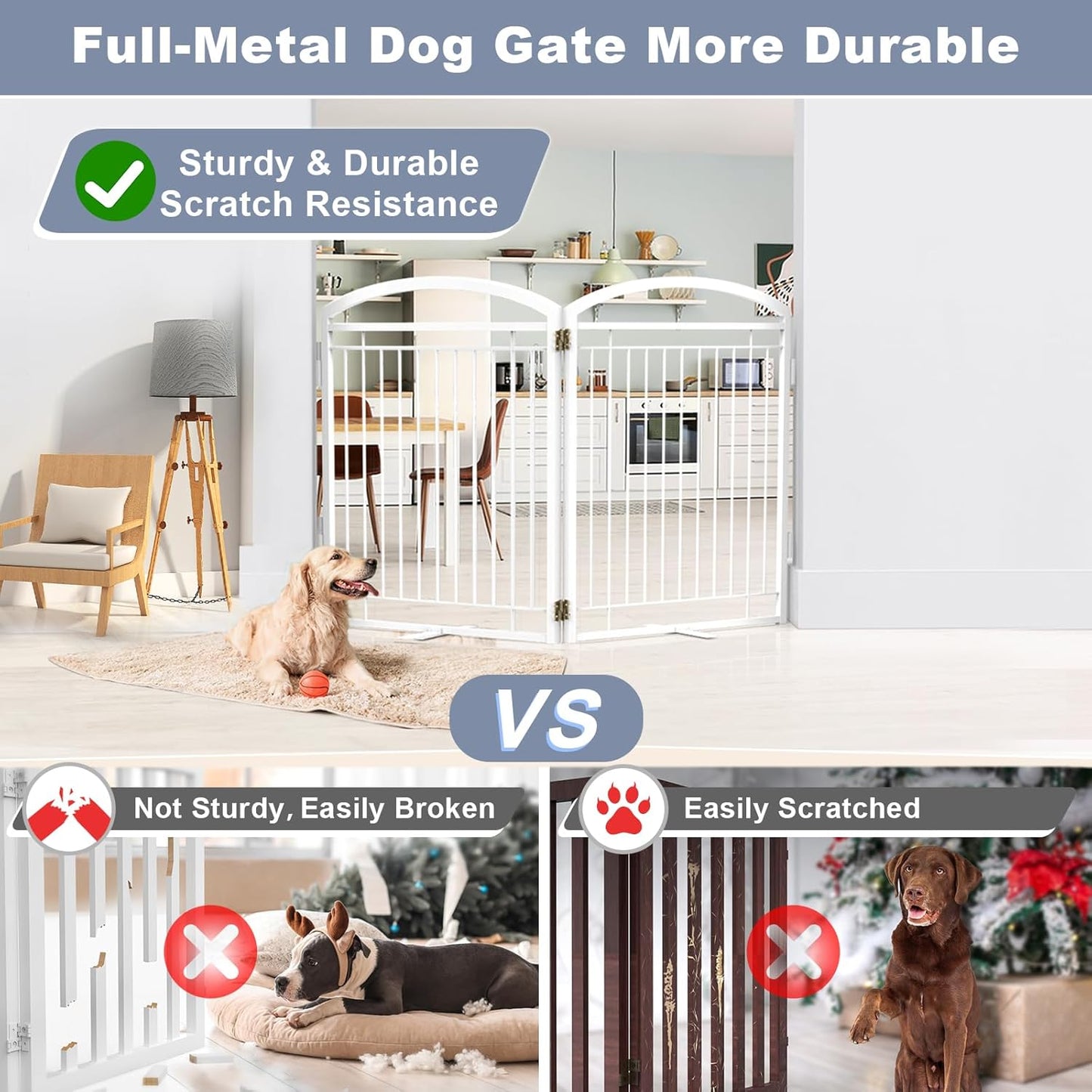 Full Metal Free Standing Dog Gate with Door for Indoor & Outdoor,96'' Extra Wide 32'' Tall Dog Gate for The Doorways,Large Openings,Decks,Porch,Pet Freestanding Safety Fence(4 Panels,Black)