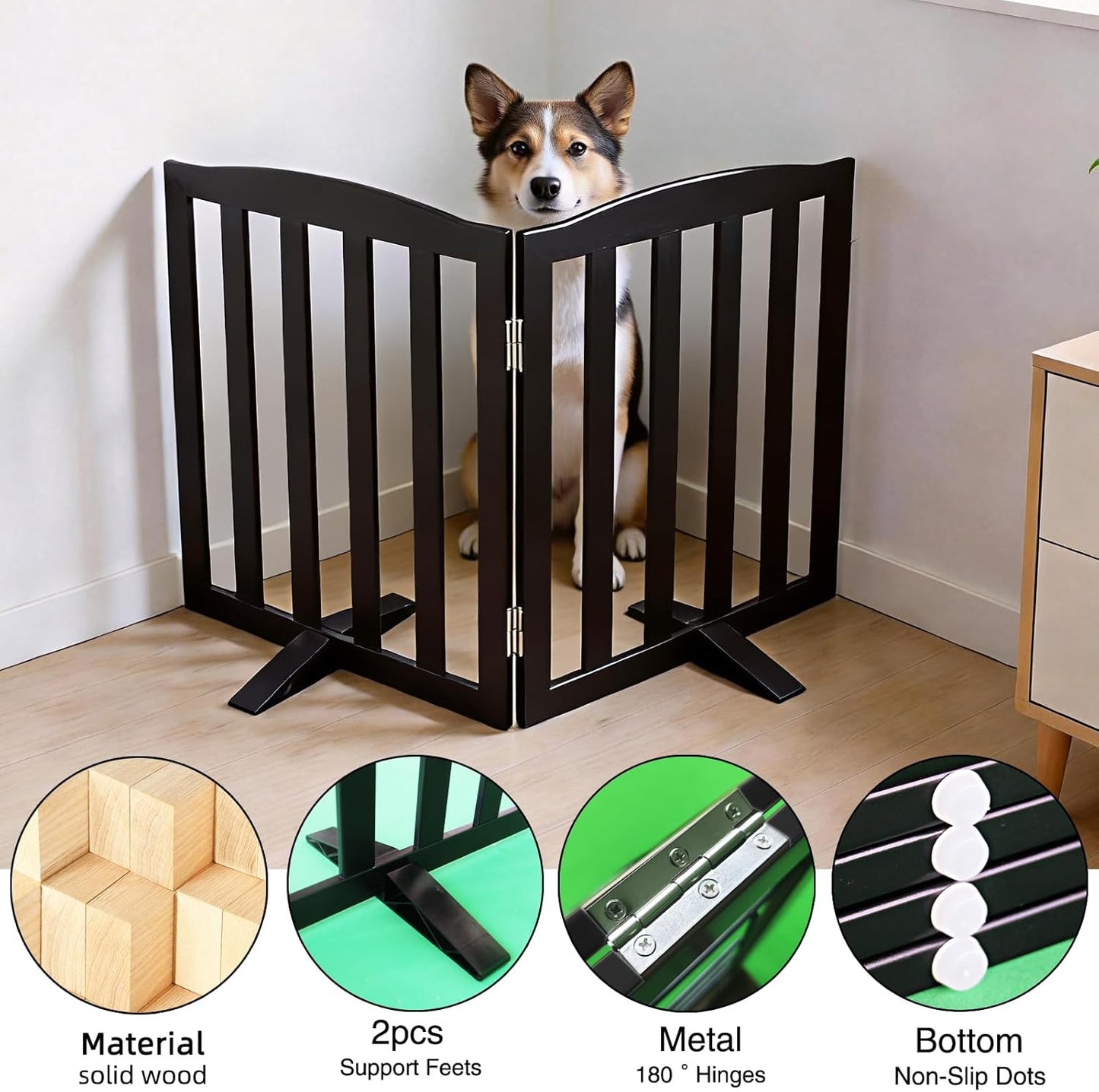 Freestanding Dog Gate Indoor,Doggie Gate Foldable Dog Gates for Doorways,Stairs or Hallways, Wooden White Pet Gate for the House, Pet Fence with Support Feet Included,24 "Height-4 Panels