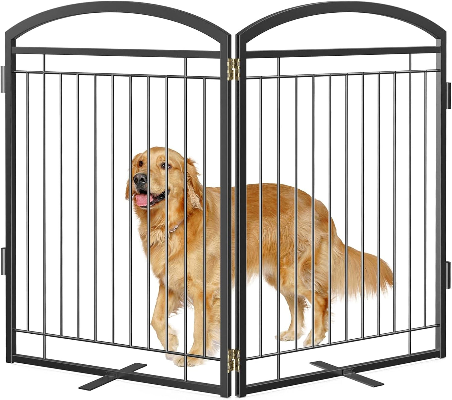 Full Metal Free Standing Dog Gate with Door for Indoor & Outdoor,96'' Extra Wide 32'' Tall Dog Gate for The Doorways,Large Openings,Decks,Porch,Pet Freestanding Safety Fence(4 Panels,Black)