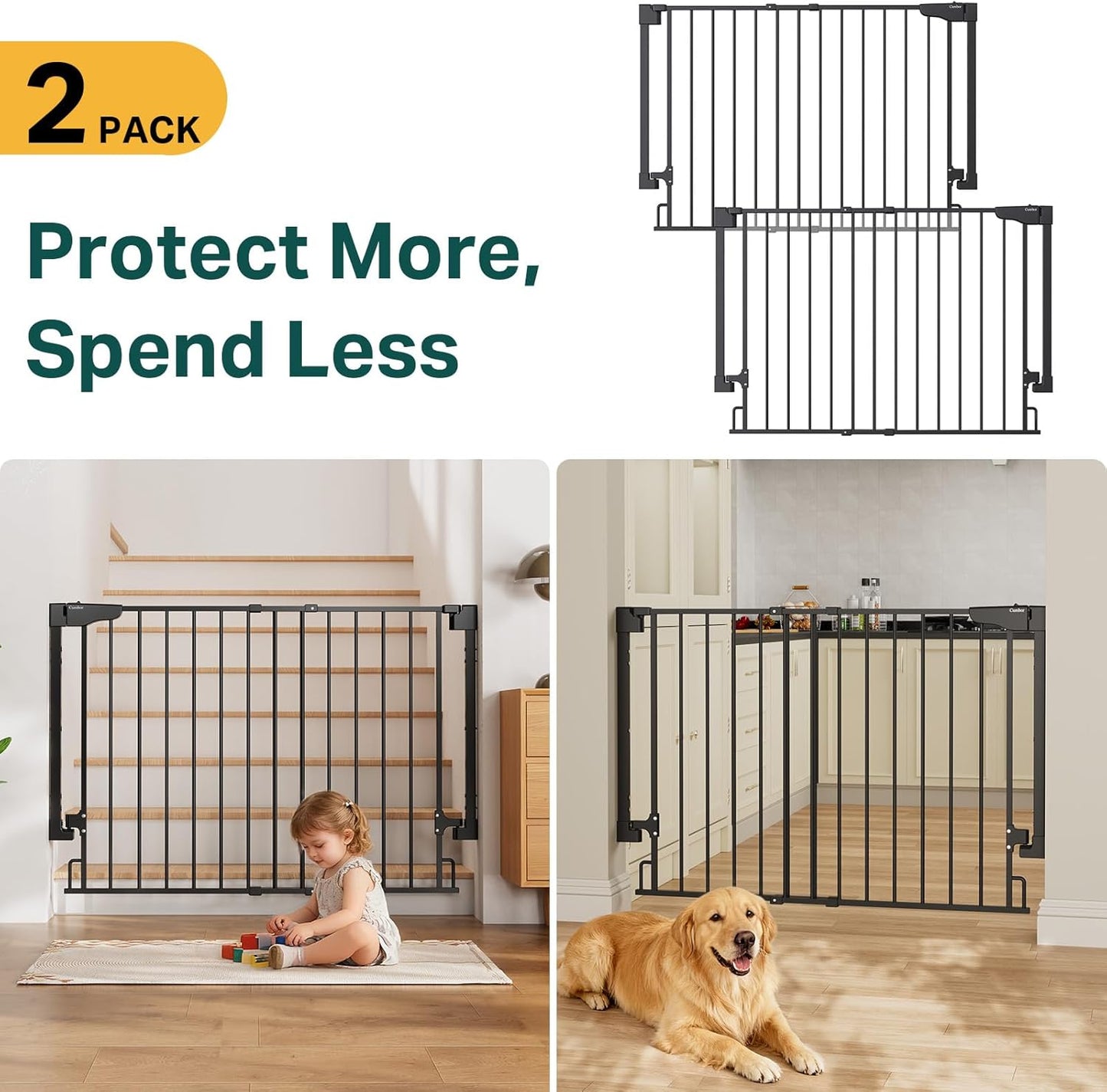 Cumbor 29.2–43" Baby Gate for Stairs, Hardware Mounted (Drill Required), Expandable No Bottom Bar Dog Gate, Auto Close Extra Wide Walk Thru, Pet & Toddler Proof Gate, Top & Bottom of Stairways(Black)