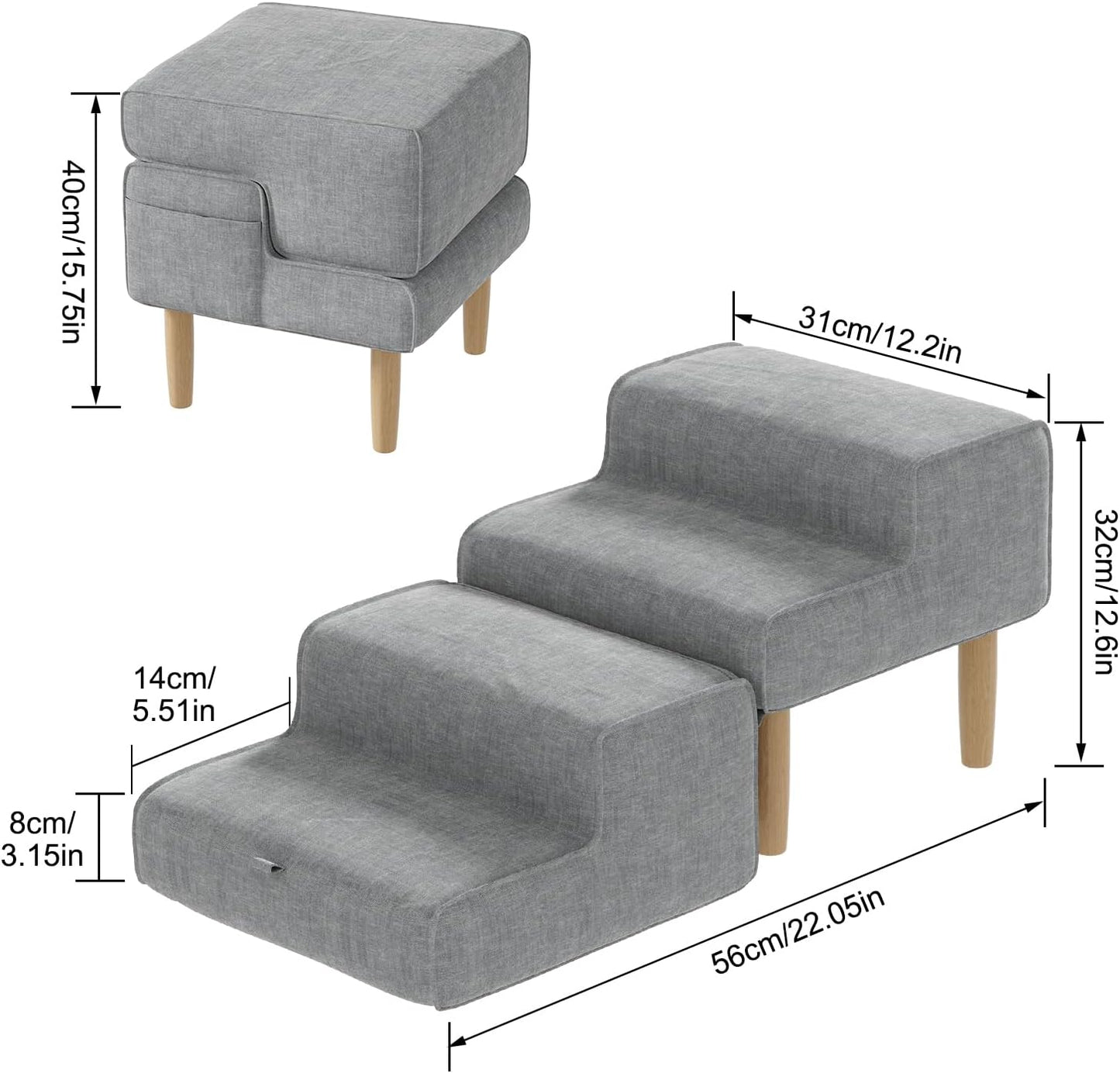 PakaLife Foldable 2-in-1 Dog Ramp Ottoman, Solid Wood Dog Steps for Bed & Couch, Washable Cover, 135lb Capacity, for Small, Senior Dogs & Old Cats to Get on Bed