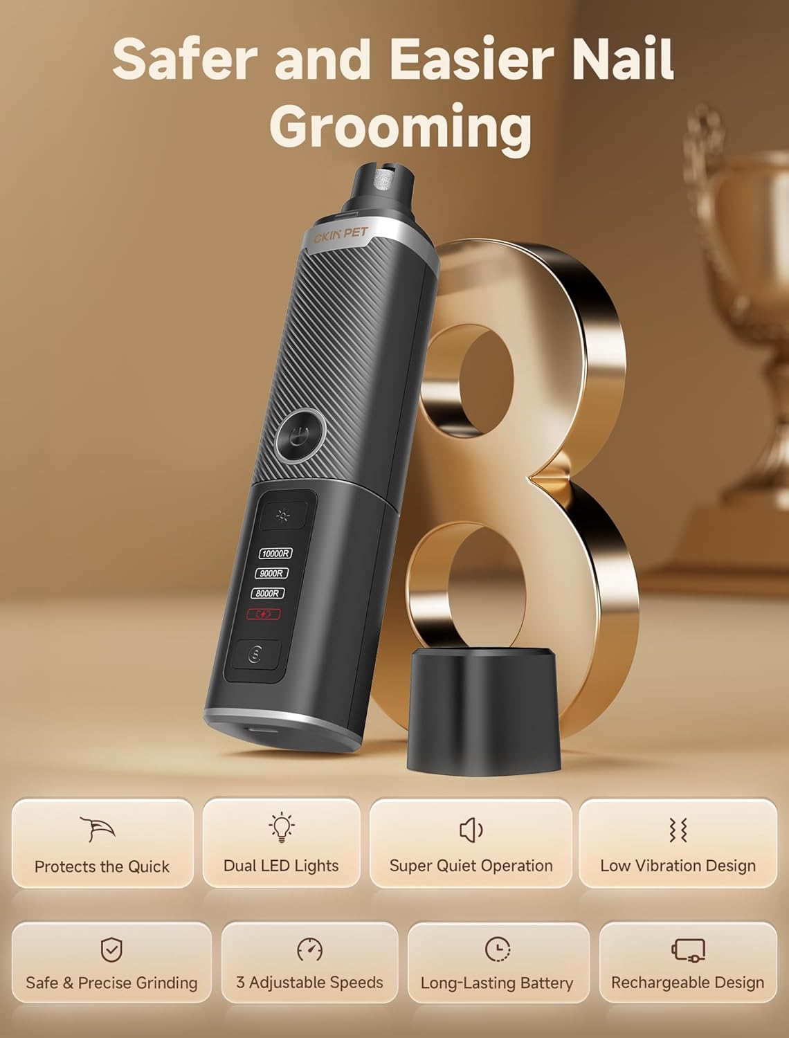 Dog Nail Grinder, Quiet Electric Dog Nail Trimmer with 2 LED Lights, 3-Speed Pet Nail Grinder for Dogs & Cats, Rechargeable 2000mAh Nail Grinder for Small Medium Large Dogs with Light, White
