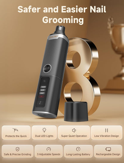 Dog Nail Grinder, Quiet Electric Dog Nail Trimmer with 2 LED Lights, 3-Speed Pet Nail Grinder for Dogs & Cats, Rechargeable 2000mAh Nail Grinder for Small Medium Large Dogs with Light, White