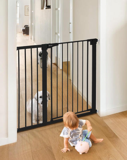COMOMY 36" Extra Tall Baby Gate for Stairs and Doorways - Fits 29.5" to 48.8" Wide Openings, Auto Close Extra Wide Dog Gate for House, Pressure Mounted Easy Walk Through Pet With Door, Black