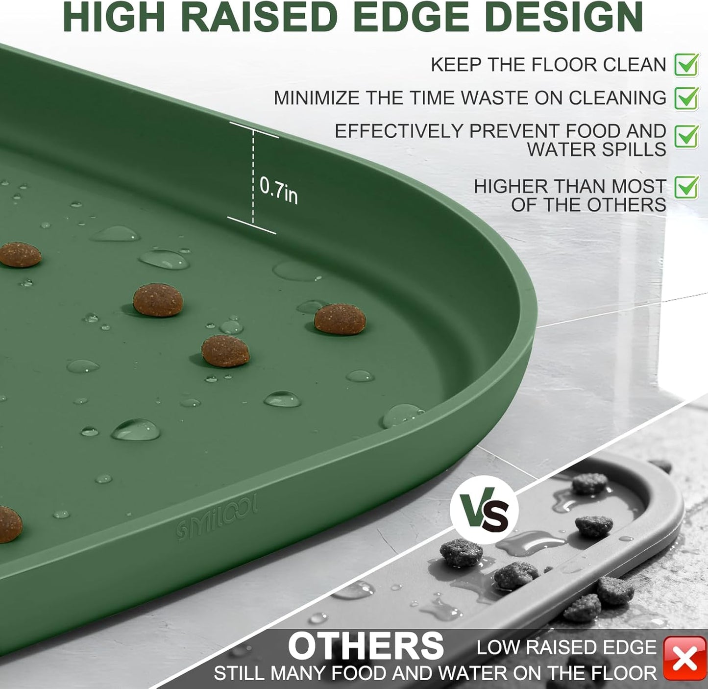 Small Silicone Pet Food Mat with Raised Edge for Food and Water Bowl, Square Dog Feeding Mats, Cat Food Trays for Floor Waterproof, Rubber Tray for Dogs and Cats, 12 x 12 x 0.7 Light Olive Green