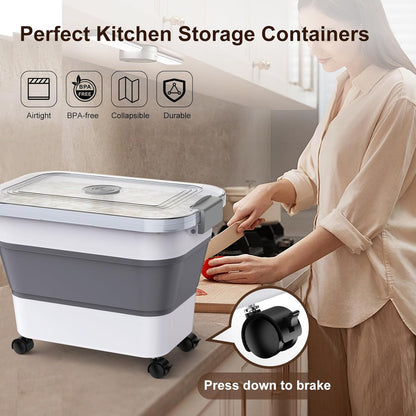 Komzon Rice Storage Container, Collapsible Airtight 10-40 Lb Rice Storage Container, 25lb Pet Dog Food Storage Container, Rice Dispenser Bin with Cup and Scoop for Flour Cereal Pasta Grain, Cat Bird