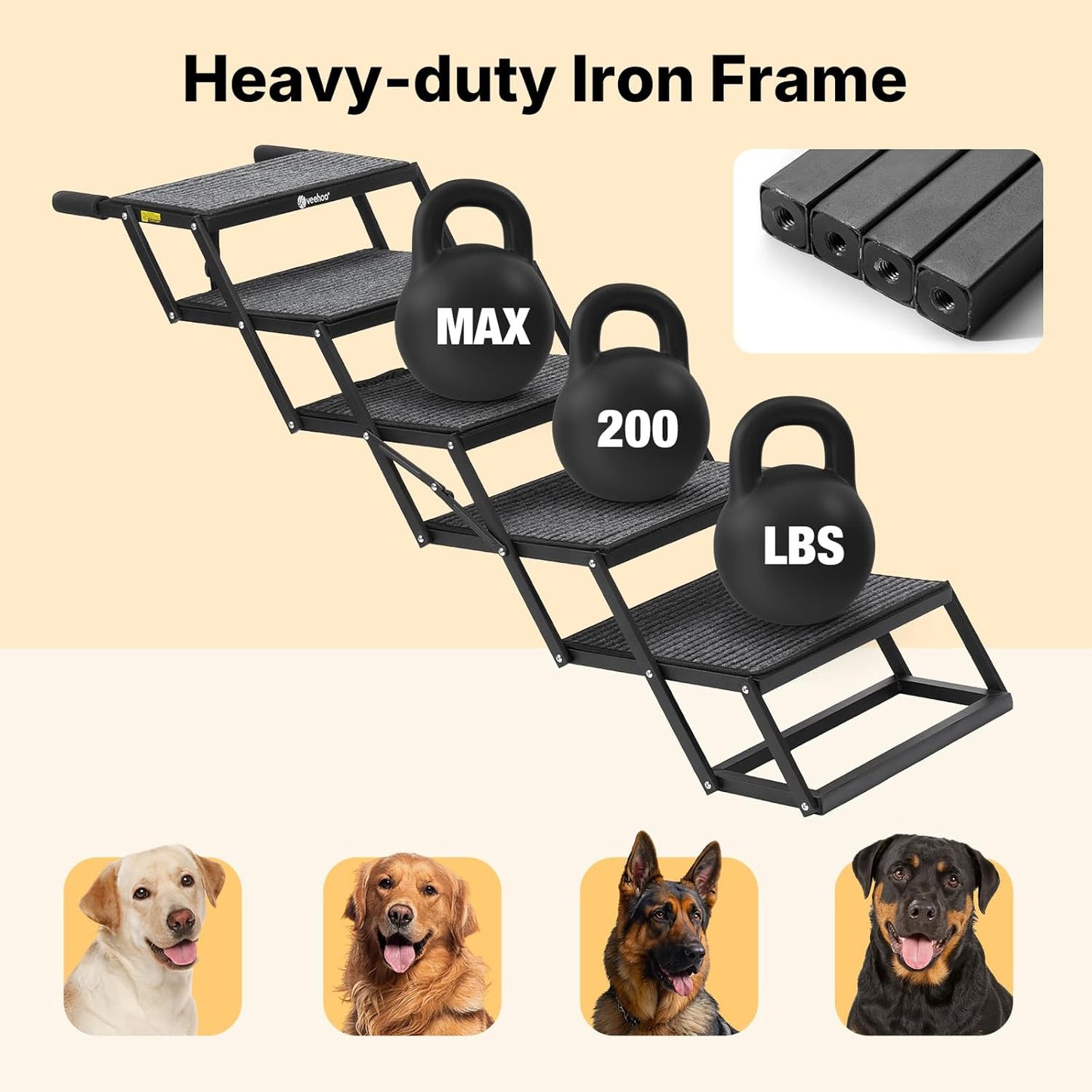 Veehoo Foldable Dog Steps for Car Truck, 4 Steps Collapsible Dog Stairs for Car Large Dogs 17" Wide, Heavy Duty Outdoor Pet Ramp Ladder Portable with Non Slip Surface for Dogs, Support up to 200 lbs