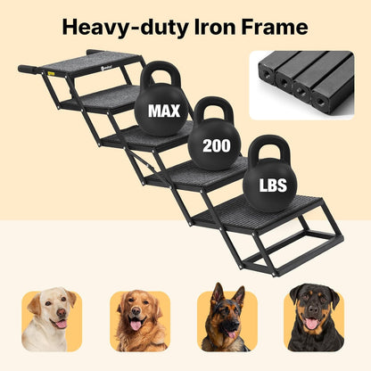 Veehoo Foldable Dog Steps for Car Truck, 4 Steps Collapsible Dog Stairs for Car Large Dogs 17" Wide, Heavy Duty Outdoor Pet Ramp Ladder Portable with Non Slip Surface for Dogs, Support up to 200 lbs