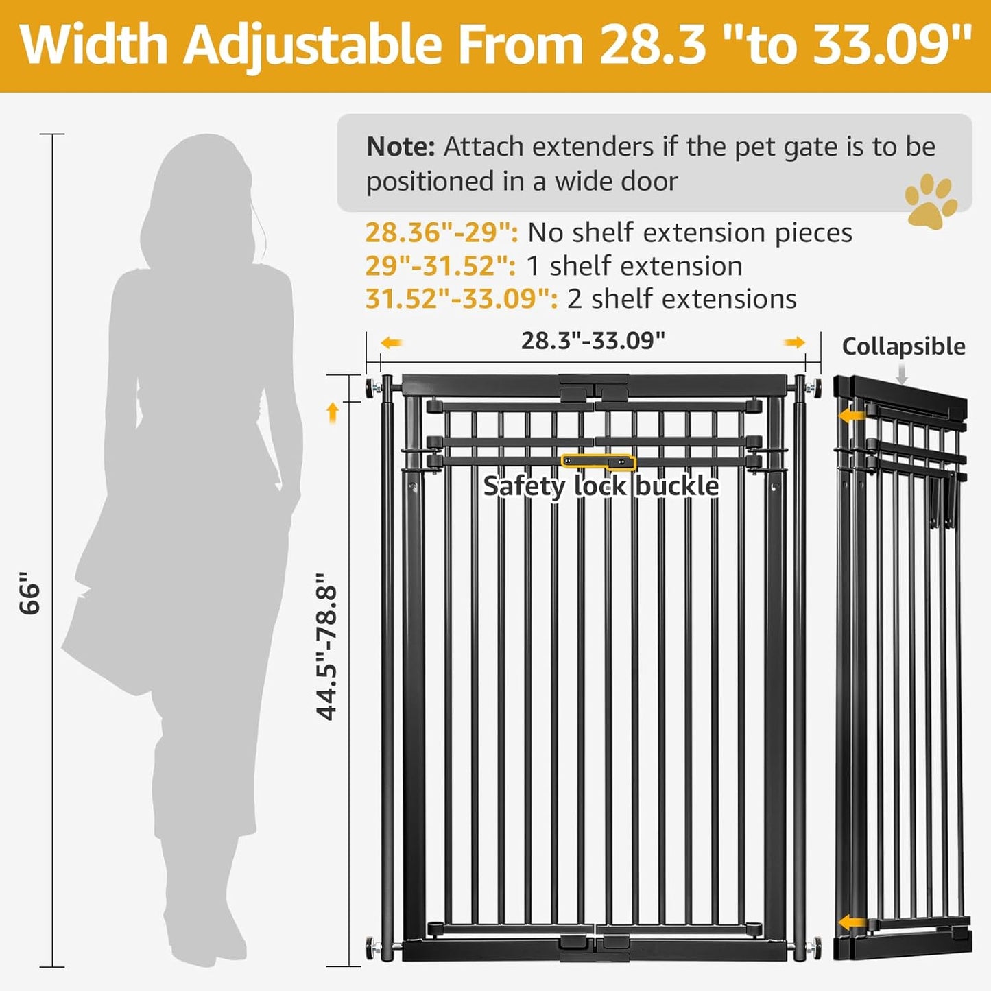 78.8" Extra Tall Cat Gate, 28.3-33" Wide Safety Metal Cat Door, Pressure Mounted Easy Walk Through Pet Gate with Door for Stairs, Doorways, Black