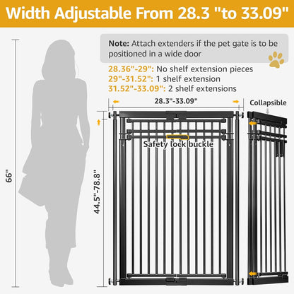 78.8" Extra Tall Cat Gate, 28.3-33" Wide Tall Dog Gate for Doorways/Hallways, NO Drilling Pressure Mounted Pet Gate for Stairs, Kitchen (Black)