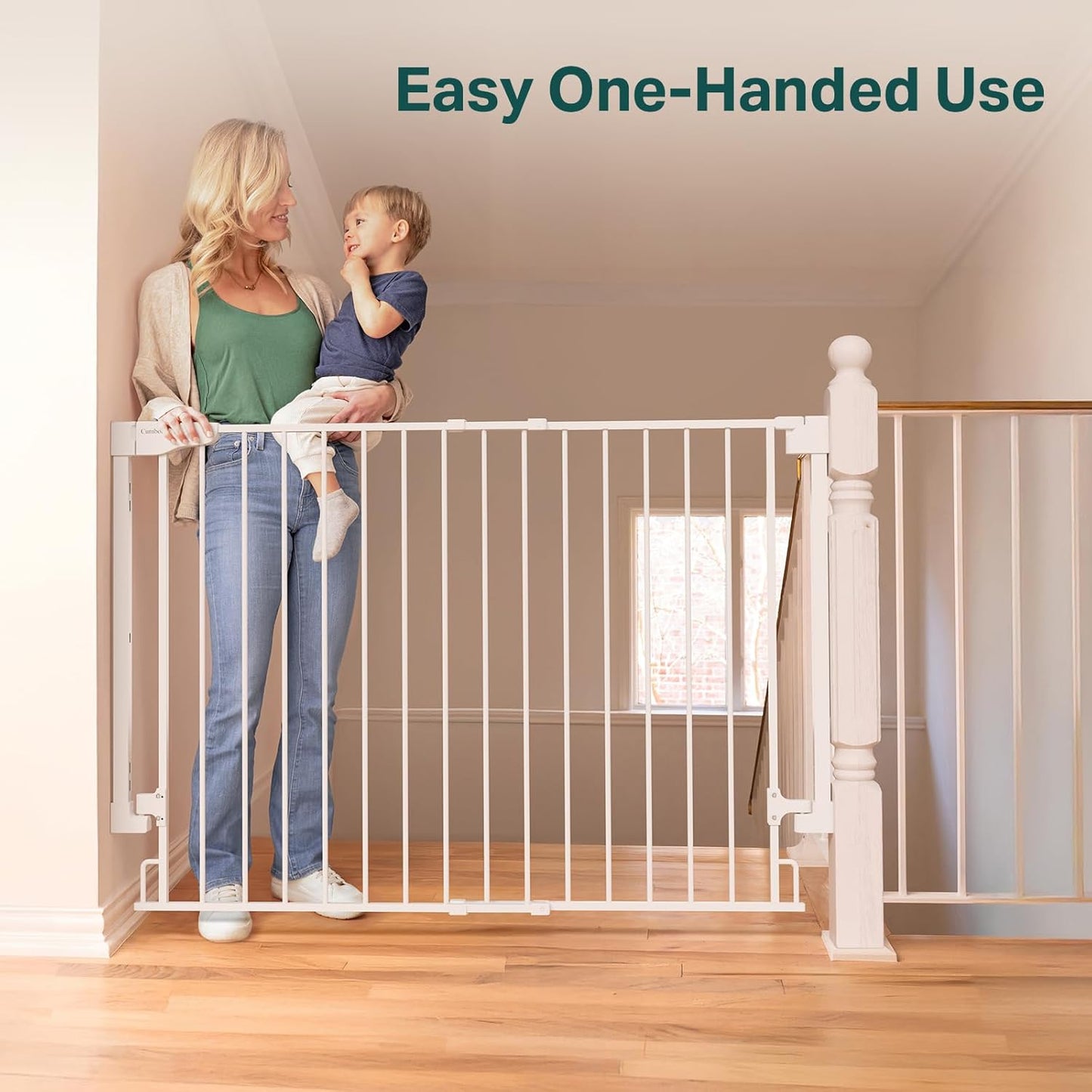 Cumbor 29.2–43" Baby Gate for Stairs, Hardware Mounted (Drill Required), Expandable No Bottom Bar Dog Gate, Auto Close Extra Wide Walk Thru, Pet & Toddler Proof Gate, Top & Bottom of Stairways(Black)