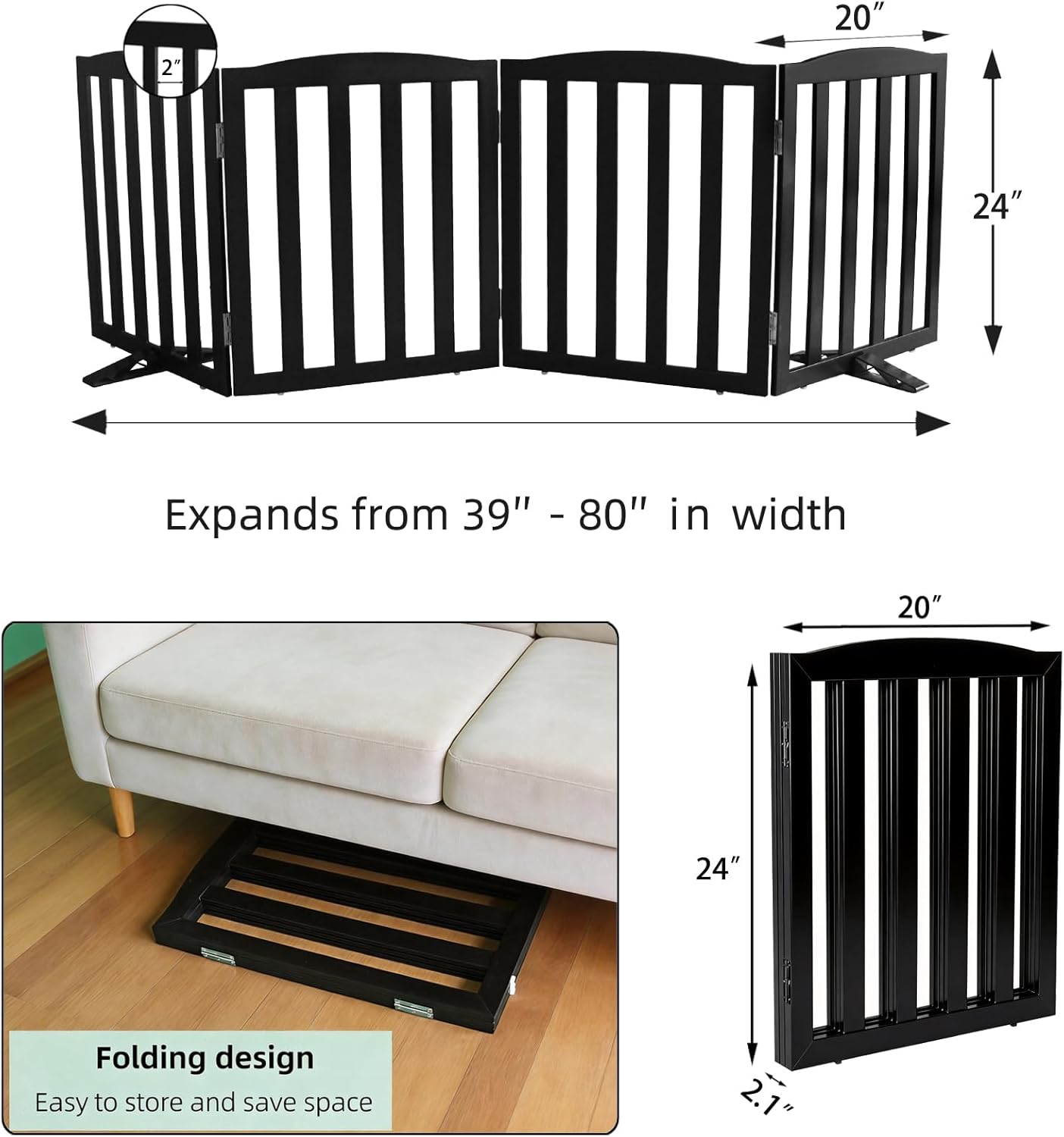 Freestanding Dog Gate Indoor,Doggie Gate Foldable Pet Gates for Doorways,Stairs or Hallways, Wooden Brown Pet Gate for the House, Pet Fence with Support Feet Included,24 "Height-3 Panels