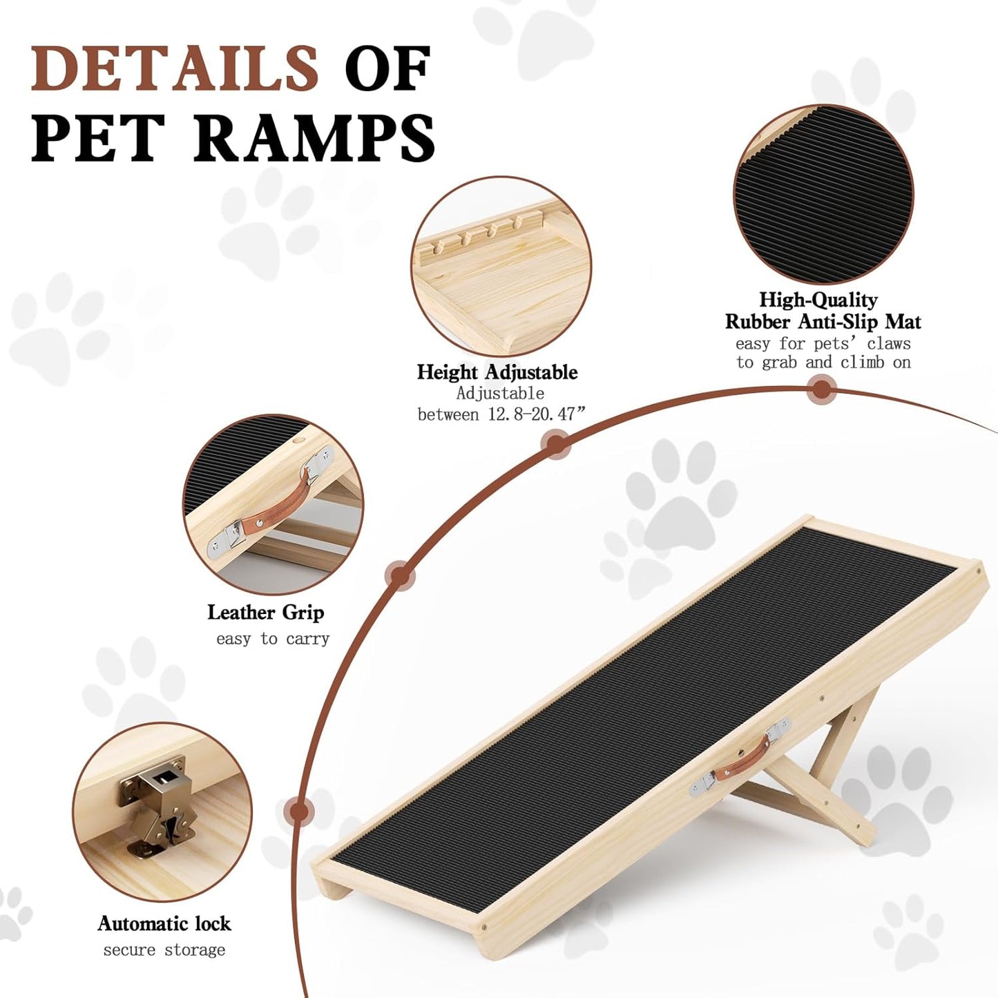 Dog Ramp for High Bed, Couch, Car, Pet Ramps 55.12" Long Adjustable 19.3"-27.17" Wooden Dog Step with Anti-slip Rubber Mat & Safety Side Rails for Small Medium Large Older Pets, up to 250 lbs