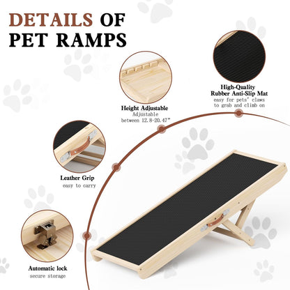 Dog Ramp for High Bed, Couch, Car, Pet Ramps 55.12" Long Adjustable 19.3"-27.17" Wooden Dog Step with Anti-slip Rubber Mat & Safety Side Rails for Small Medium Large Older Pets, up to 250 lbs