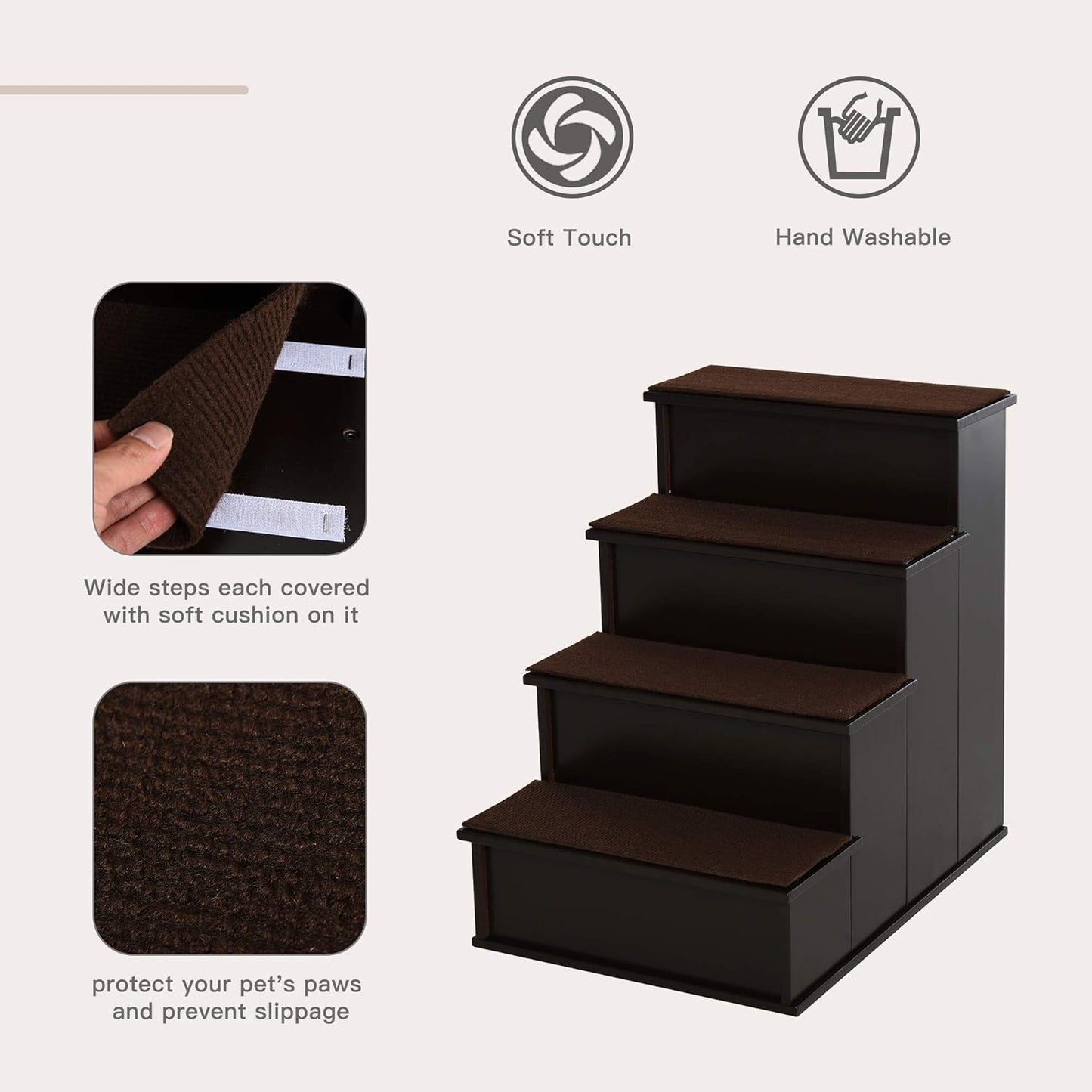 PawHut Pet Stairs, Small Pet Steps with Cushioned Removable Covering for Dogs and Cats Up to 22 Lbs., Natural