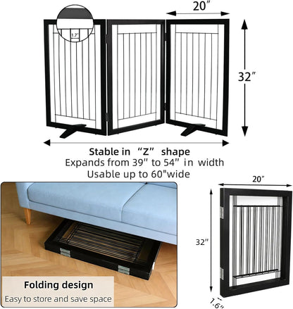 ZJSF Freestanding Dog Gate Indoor, Foldable Dog Fence for Doorways,Hallways or Stairs, Sturdy Wood Extra Wide Pet Gate with Support Feet,Black,24 "Height-3 Panels