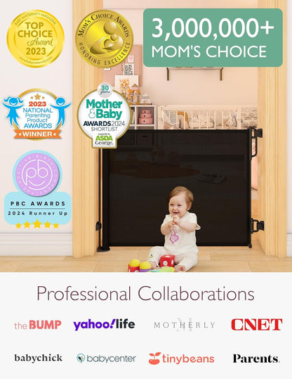 Momcozy Auto Lock Retractable Baby Gate, Safety Gate for Baby and Pet, 33” Tall, Extends to 55” Wide, Mesh Safety Dog Gate for Stairs, Indoor, Outdoor, Doorways, Hallways