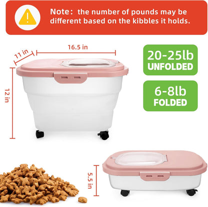 Dog Food Container, Collapsible Pet Food Storage Container 17-20 lb with Rolling Wheels & Airtight Lid, Plastic Storage Bin With Dog Food Scoop and Measuaring Cups