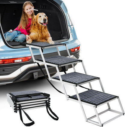 Dog Stairs for Large Dogs,Dog Stairs for Cars,Foldable Dog Ramp Pet Steps Light Weight Aluminum,Extra Wide Dog Stair for Large Dogs,High Beds, Trucks, Supports up to 200 lbs (Extra Wide-4 Steps)