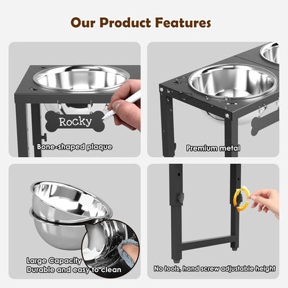 SHAINFUN Metal Elevated Dog Bowls Stand for Large Dogs with Mat & Three 58oz Food Water Bowls, Adjustable Height Raised Dog Bowl Stand