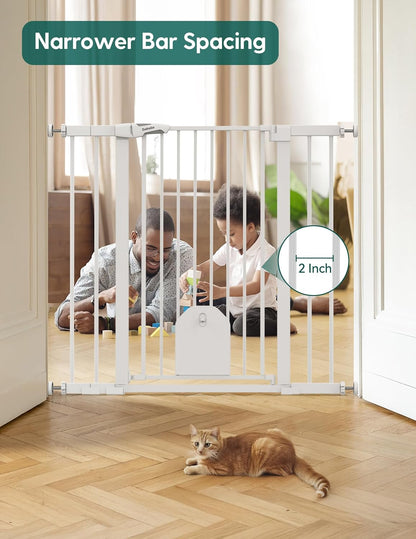 Babelio 36" Tall Auto Close Baby Gate with Small Cat Door, 29-43" Metal Cat Gate for Doorway, Stairs, House. Easy Walk Thru Dog Gate with pet Door, Includes 4 Wall Cups and 3 Extension Pieces, Black