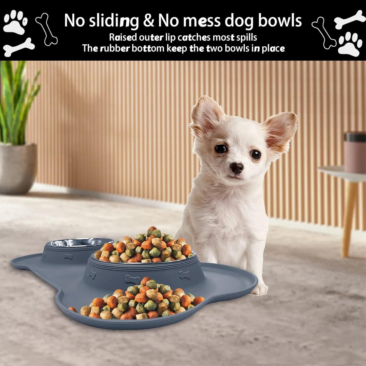 AsFrost Dog Food Bowls Stainless Steel & Water Dish with No-Spill and Non-Skid, Feeder Bowls with Dog Food Dish for Small Medium Large Size,Dogs,Cats,Puppy Pets, Black, 12oz