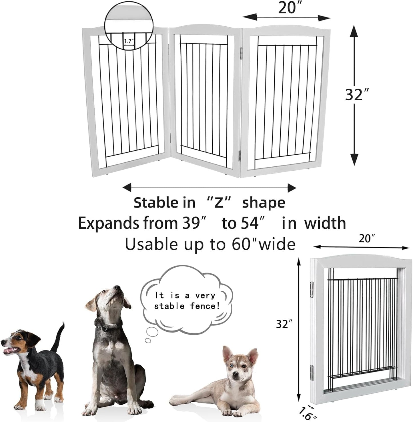 ZJSF Freestanding Foldable Dog Gate for House Extra Wide Wooden White Indoor Puppy Gate Stairs Doorways Pet Gate Tall Dog Fence 3 Panels Fence