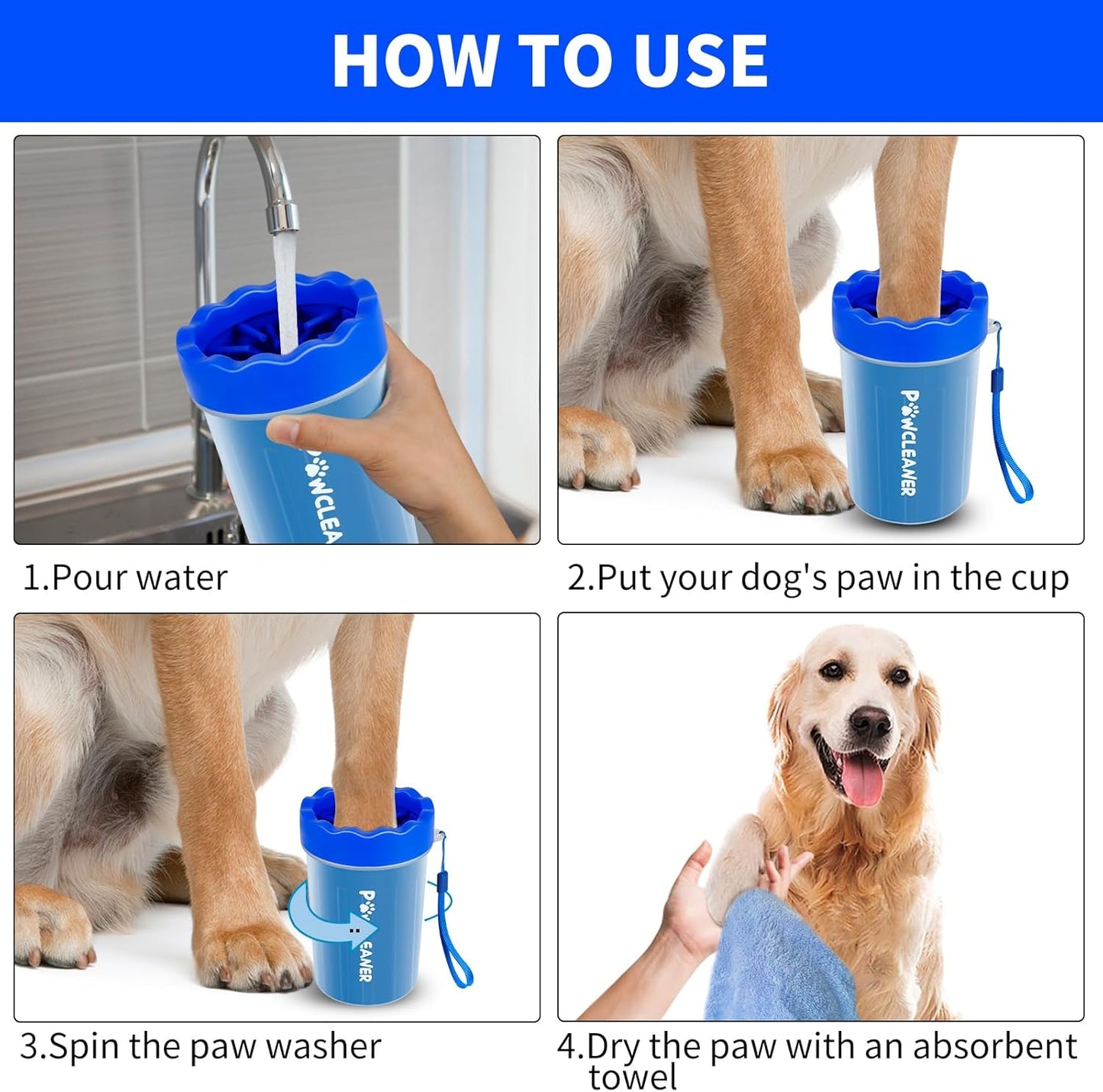 Professional 7 in 1 Dog Paw Cleaner for Dogs & Cats - Includes 1 Portable Paw Washer, 1 Bath Brush, 2 Dog Toothbrushes and 3 Absorbent Towels Note: Fits Paws up to 2 Inches Wide (Small, Blue)