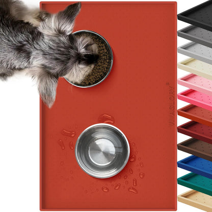 VIVAGLORY Dog Bowl Mat Grippymat Pet Food Mat, Waterproof Washable Nonslip Silicone for Pet & Cat, Food and Water Placemat with Lip & Raised Edges for Indoor Floor, S, Grey