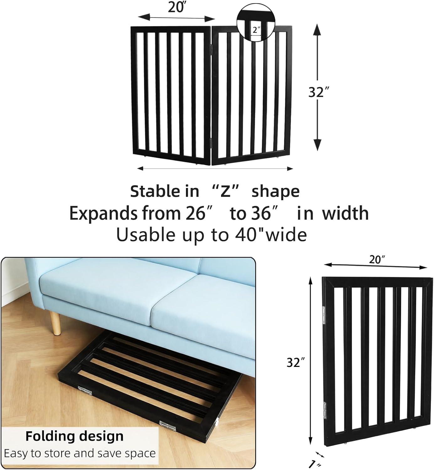 Dog Gate Indoor, Freestanding Dog Fence for The House, Doorways, Hallways,or Stairs,Pet Gate Foldable Wooden,Expandable 24" Height 3 Panels,White