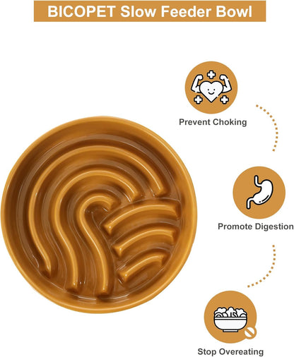 Ceramic Slow Feeder Dog Bowl, Maze Puzzle Non-Slip Silicone Base Stoneware Bowl for Small Medium Dogs, Heavy Duty Anti-Bloat Dog Food Bowl Dishwasher Safe – Apricot, Medium