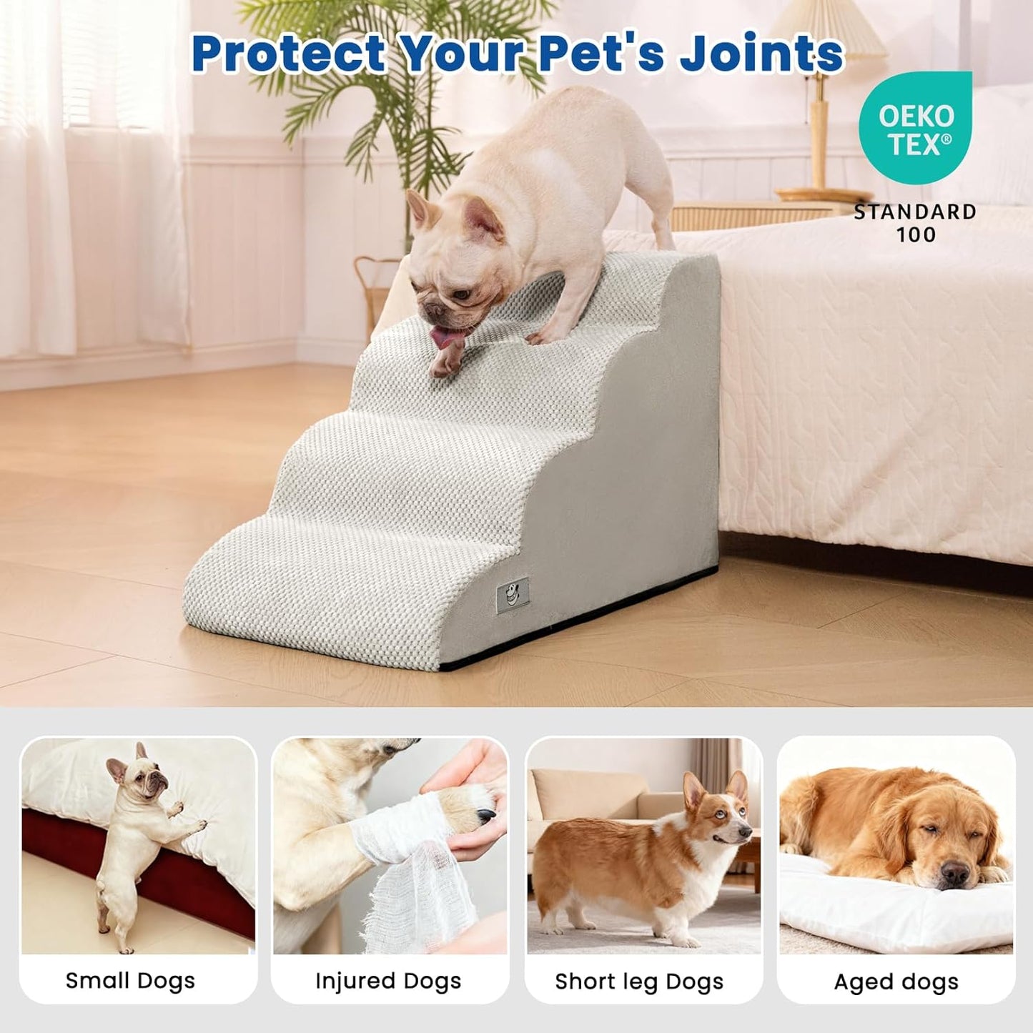 Airpanda Dog Stairs for Small Dogs and Cats – 3 Step Pet Ramp for Couch & Sofa, Non-Slip Dog Steps for Pets, Washable Cover, High-Density Support Foam for Easy Climbing,Beige