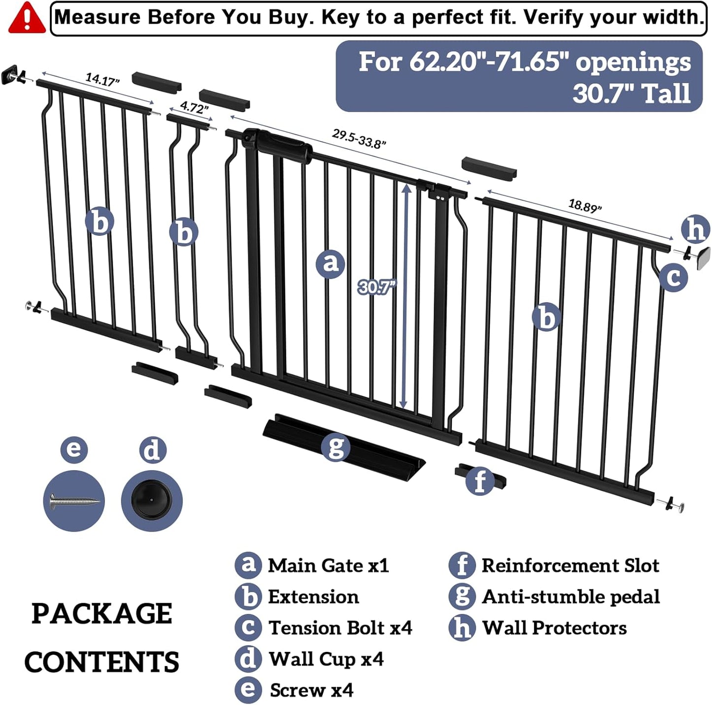 Extra Wide Baby Gates for Doorways 71.65"-85.82" Extra Wide Baby Gate Dog gate Pressure Mounted No Drilling with Walk-Through, Auto-Close & Dual-Direction Swing for Large Wide Opening Black
