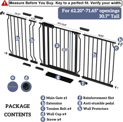 Extra Wide Baby Gates for Doorways 71.65"-85.82" Extra Wide Baby Gate Dog gate Pressure Mounted No Drilling with Walk-Through, Auto-Close & Dual-Direction Swing for Large Wide Opening Black