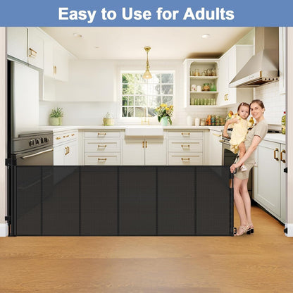 Reinforced 90 Inch Retractable Baby Gates Extra Wide Baby Gate with Reinforced Strips, 7.5ft Long Retractable Dog Gate for The House 33 Inch Tall Extra Long Pet Gates for Wide Openings, Black