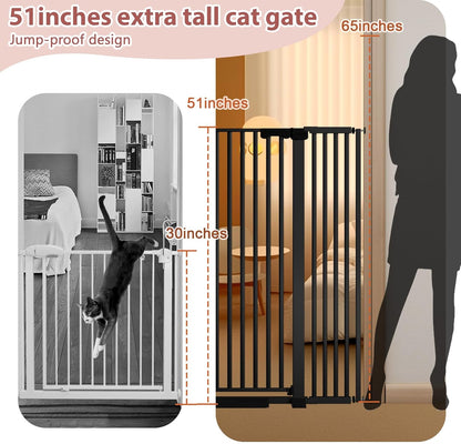 51'' Extra Tall Cat Gate for Doorways 30-40.9'' Wide, Climb Proof Pet Dog Gates for Kitten Dogs, Pressure Mounted No Drilling Cats Fence Barrier White