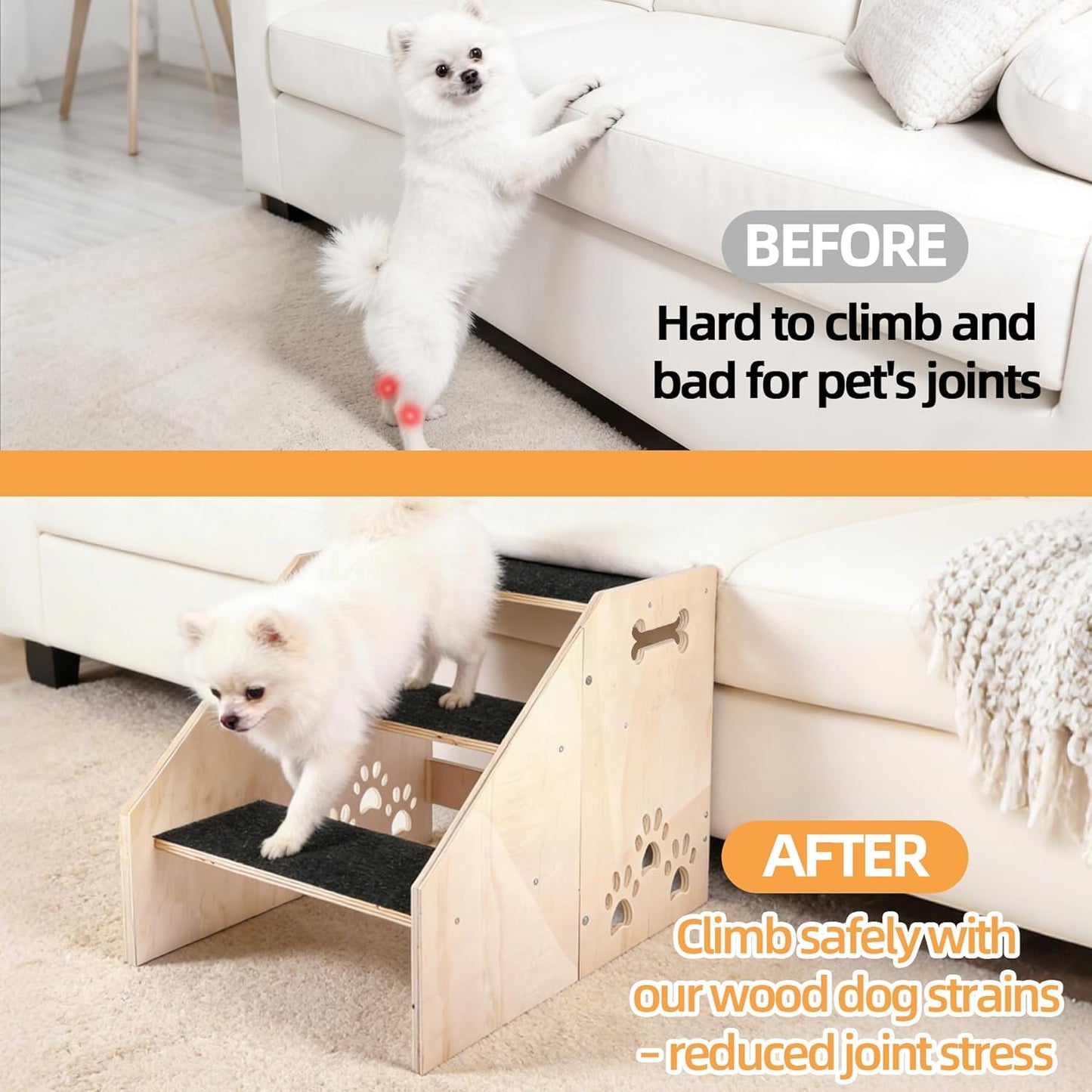 Dog Step, Wooden 3-Step Dog Stairs for High Beds & Couches, Non-Slip Pet Stair Ladder for Small Dogs, Puppies & Older Cats, 15.8 inch High