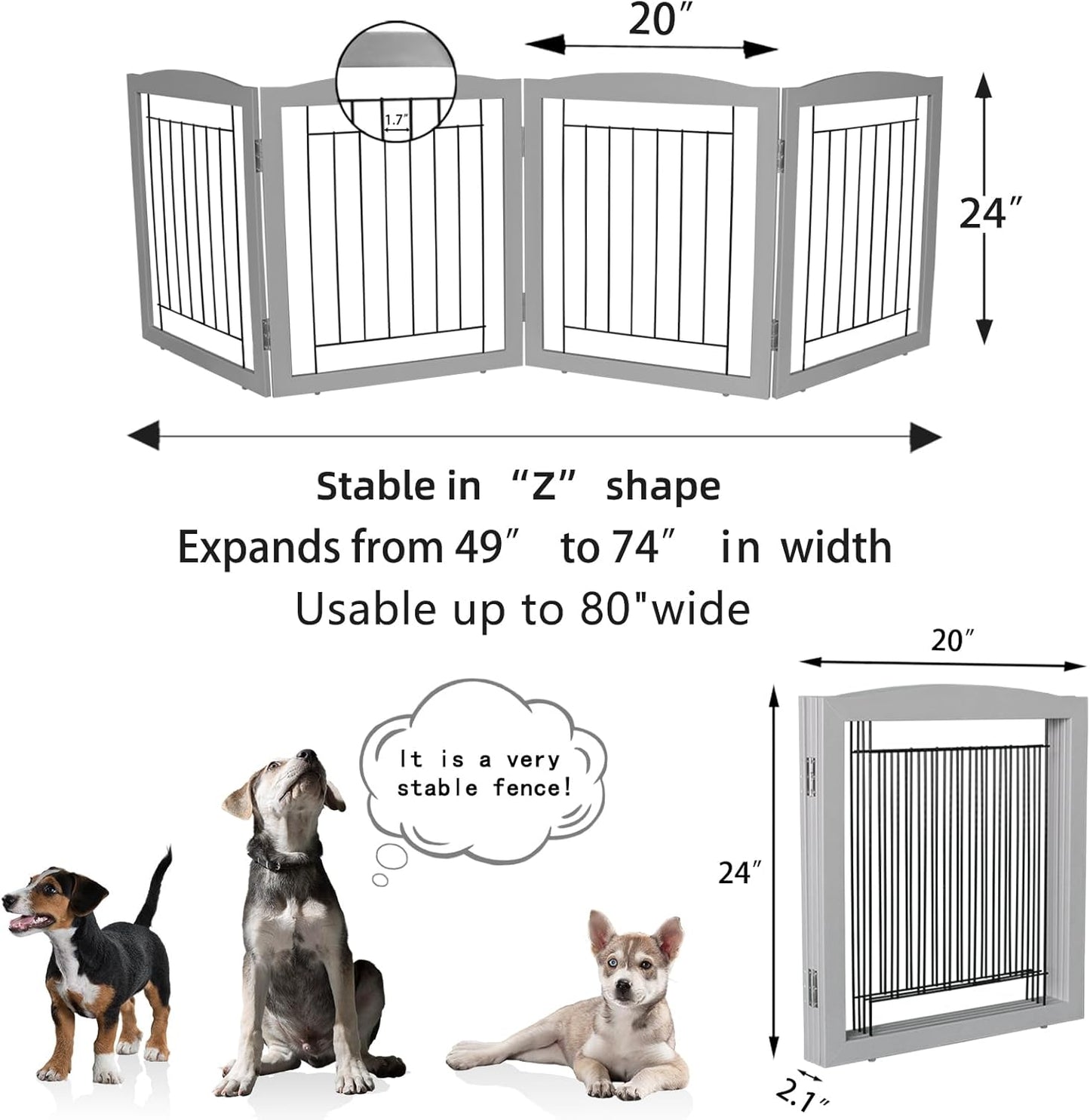 ZJSF Freestanding Foldable Dog Gate for House Extra Wide Wooden White Indoor Puppy Gate Stairs Doorways Pet Gate Tall Dog Fence 3 Panels Fence