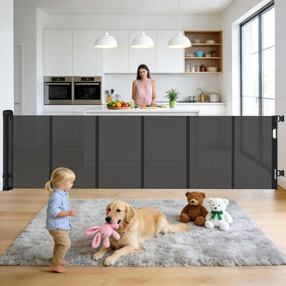 Retractable Baby Gate, 55 in Wide x 33 in Tall Mesh Dog Gate, Hardware Mounted Safety Gate with Double Lock for Doorways, Hallways, Indoor Outdoor, White