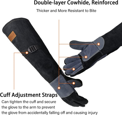 WZQH 23.6 In Leather Welding Gloves for Animal Handling,Grabbing Reptile, Grooming,Trips to Vet,BBQ,Fireplace.Puncture & Scratch Resistant, Bite Proof for Cat Dog Bird Falcon Livestock Snake L Black