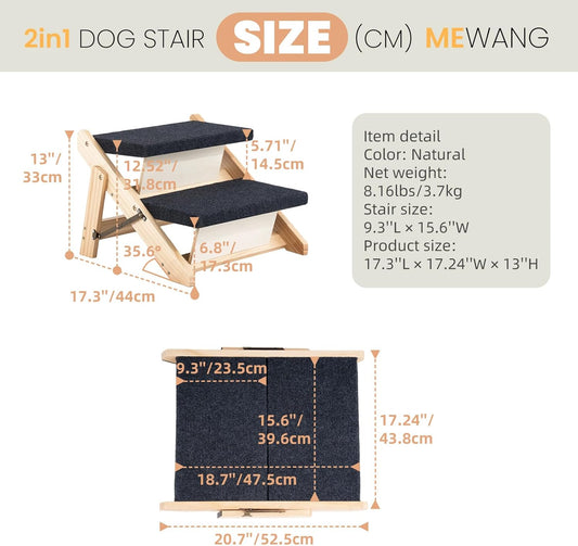 MEWANG Wood Pet Stairs & Ramp for Small/Medium Dogs and Cats, Aging Pets – 2-in-1 Foldable, Portable, Non-Slip Pet Ladder for Tall Beds, Couches,Cars–Holds Up to 220 lbs (17.3" L x 17.2" W x 13.0" H)