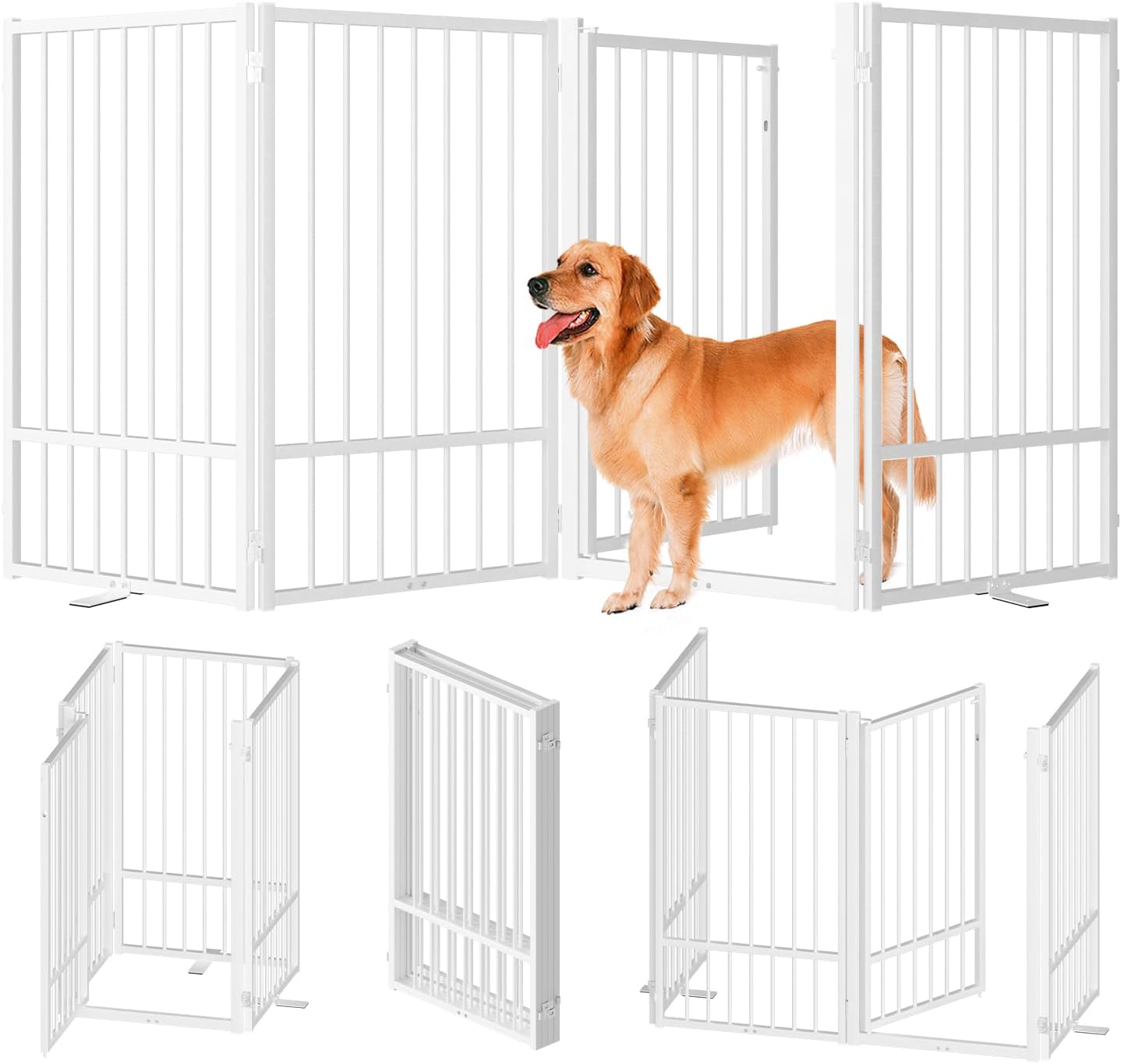 SNUOWU Full Metal Freestanding Dog Gate with Door, 32''Height Foldable Pet Dog Fence for Indoor & Outdoor, 4 Panels Extra Wide Free Standing TallDog Gates for Doorways,House,Stairs,Porch,Deck,Yard