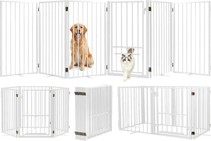 Metal Freestanding Dog Gate with Cat Door for Outdoor Indoor,80" Extra Wide Foldable Pet Fence,30" Tall Dog Gate for Large Opening,Stairs,Hallways,Doorways,Deck,Yard,with 3PCS Support(4 Panels,Black)