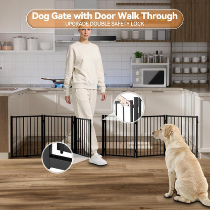 SNUOWU Full Metal Freestanding Dog Gate with Door, 32''Height Foldable Pet Dog Fence for Indoor & Outdoor, 4 Panels Extra Wide Free Standing TallDog Gates for Doorways,House,Stairs,Porch,Deck,Yard